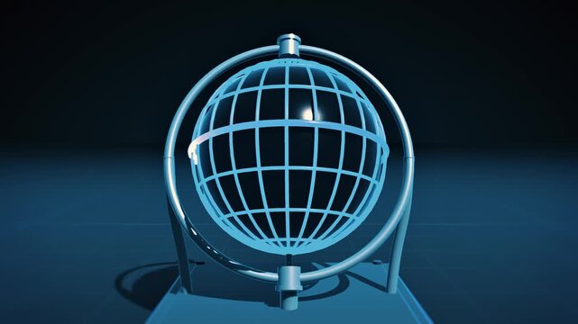 Wireframe globe in gimbal ring rotating on dark grid floor