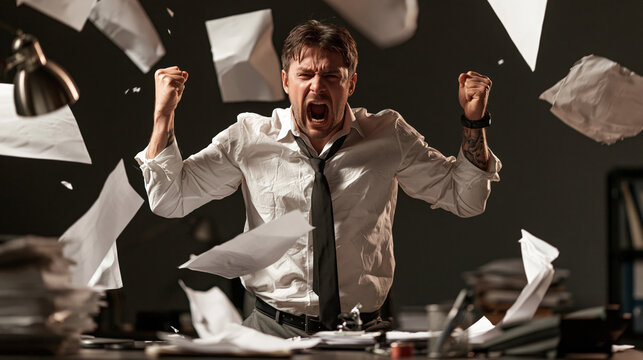 Frustrated businessman shouting at desk in office as papers fly during work meltdown