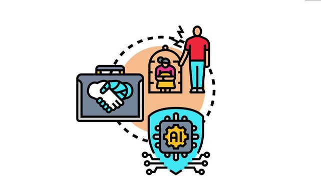 Diagram concepts of human agency, personal control, business agreements with robotic elements, and artificial intelligence managing or influencing various aspects