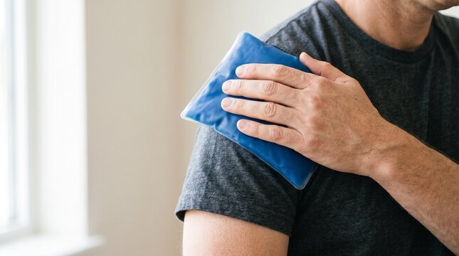 Man holding cold gel pack on sore shoulder for pain relief injury treatment