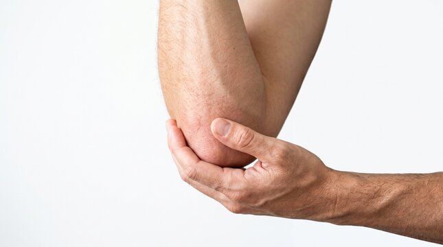 Man holding his painful elbow joint suffering from arm injury or joint ache