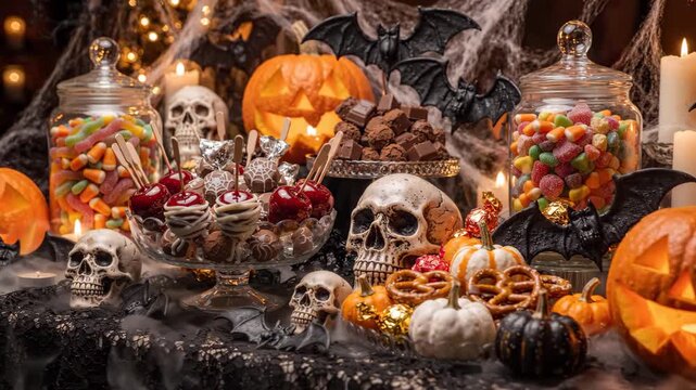 Spooky Halloween candy buffet with pumpkins, skulls, and treats