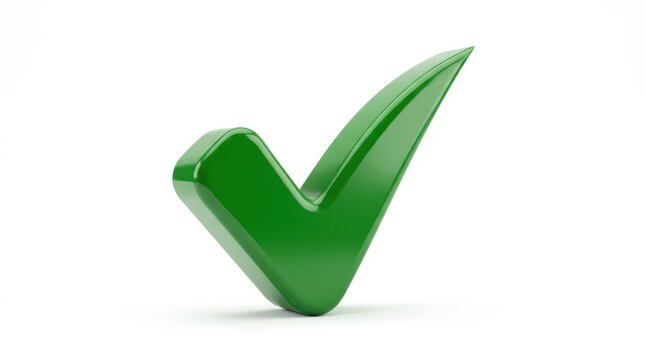 3d render of a glossy green check mark isolated on white background