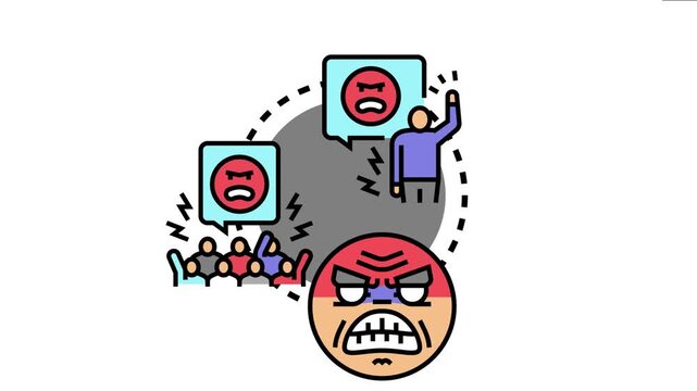 Aggressive intimidation concept visually demonstrating a cycle of anger, conflict, and bullying through an angry individual, a protesting crowd, and an enraged facial expression