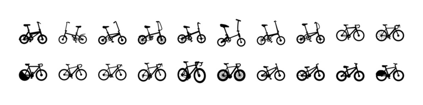 Set of diverse bicycles in a row - A clean, organized collection of various bicycle styles and designs aligned neatly for comparison or illustration.