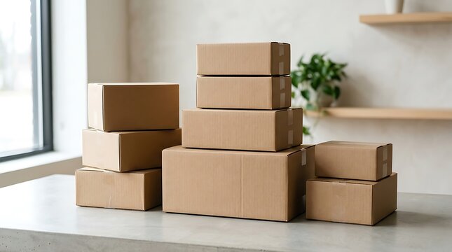 Stack of cardboard delivery boxes on a table for shipping and logistics concept.
