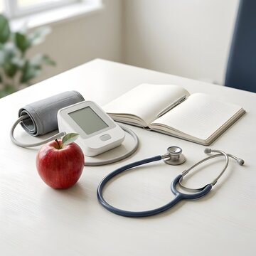 Medical equipment with open notebook and red apple on a white surface