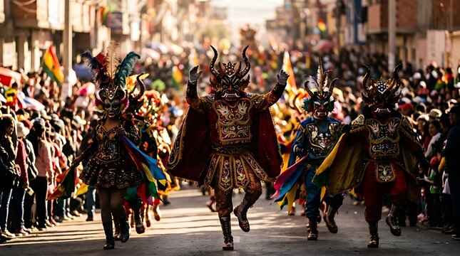 Traditional masked dancers performing in a vibrant carnival parade