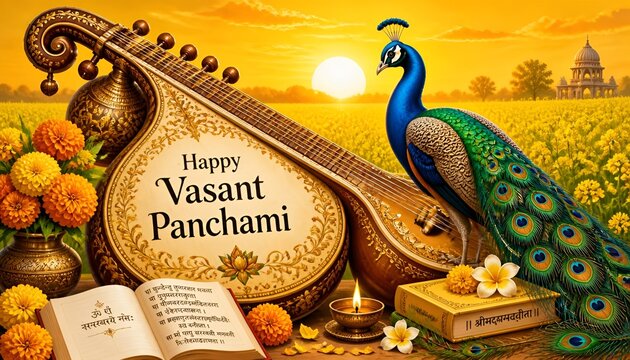 Illustration for vasant panchami with veena and peacock