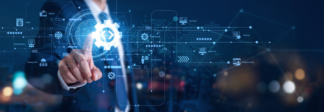 Software Development creates powerful digital tools. A lead developer hand touch Software Development icon to write code. This complex network build is a core technical innovation concept.