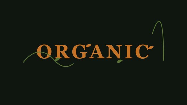 Organic text animation with green leaf line on dark 4k background, typography motion eco-friendly natural