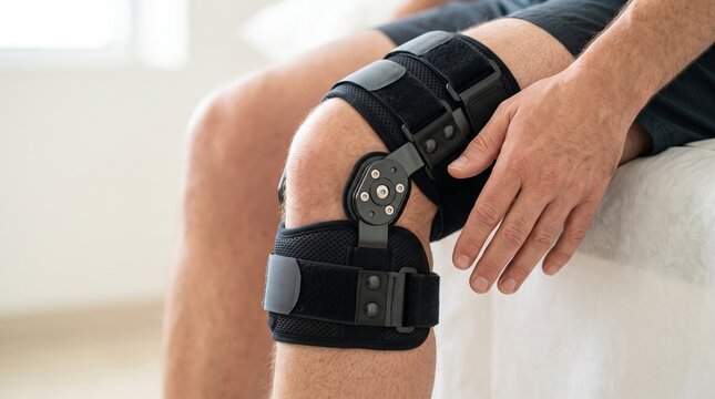 Orthopedic knee brace support worn by male patient on injured leg in clinic room