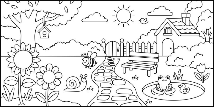 Garden themed black and white cartoon coloring book