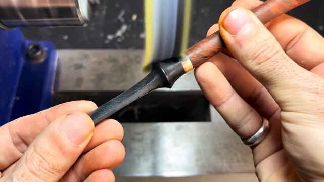 Craftsman carefully polishing a handmade tobacco pipe