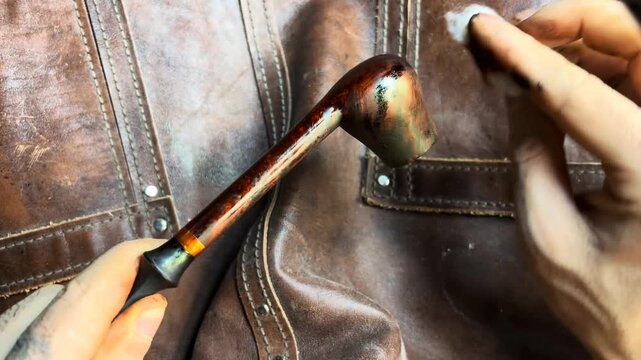 Craftsman carefully polishing a wooden tobacco pipe