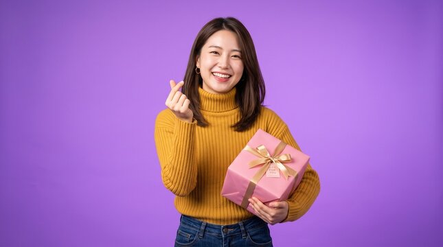 Young female professional holding gift box with finger heart gesture in office setting