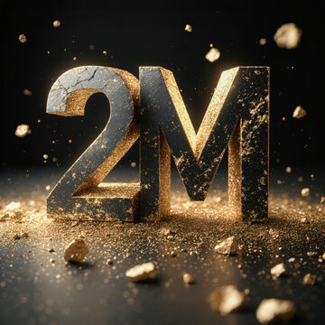 Luxury Gold and Black 2M Typography 3D Metallic Text with Cinematic Lighting Premium Geometric Lettering on Dark Studio Background Hyper Realistic Render