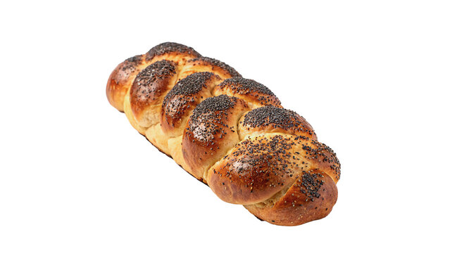 Freshly baked traditional braided challah sweet bread isolated on transparent background cut out