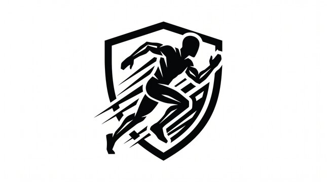 Dynamic running athlete silhouette emblem set against a solid protective shield