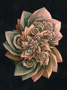 Abstract fractal succulent flower design with pink and green petals on black background.