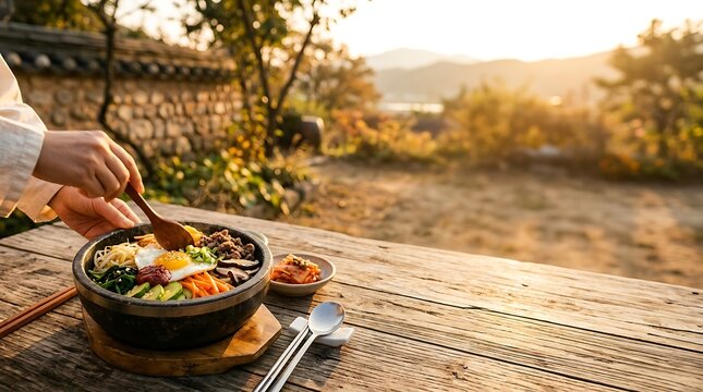 Person enjoying a traditional korean bibimbap bowl at sunset