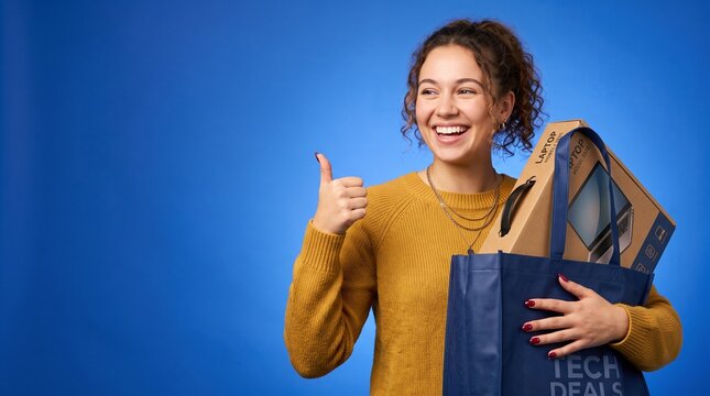 Happy woman holding shopping bags and giving thumbs up in studio