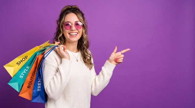 Happy woman holding shopping bags celebrating shopping success