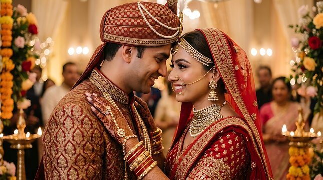 Beautiful indian bride and groom looking at each other during traditional wedding ceremony in festive attire