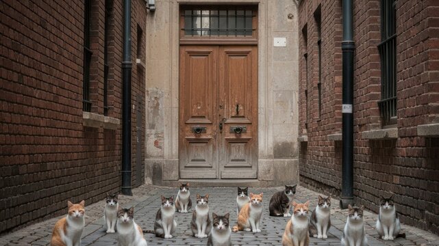 Group of Stray Cats in Old Alleyway