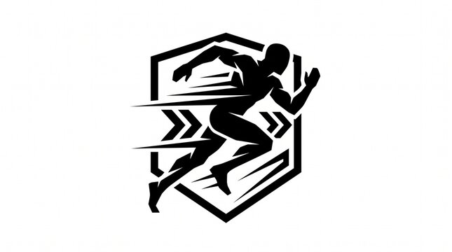 Silhouette of a powerful running athlete inside a modern geometric shield