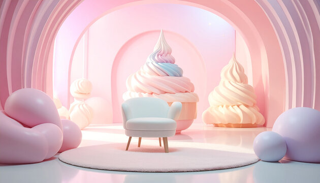 かわいいソフトクリームアートが彩るY2Kスタジオ背景
Cute Y2K soft serve art studio background with glossy 3D sculptures