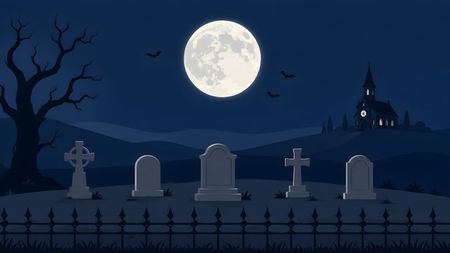 Graveyard scene with tombstones and a full moon is a vector illustration