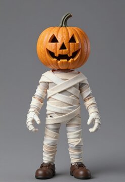 Halloween Mummy With Pumpkin Head Toy Figure Standing Against Gray Background
