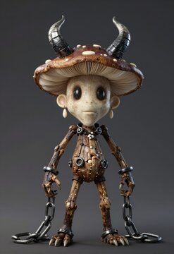 Cute Mushroom Monster With Horns And Chains Standing On Dark Background In Fantasy Art Style