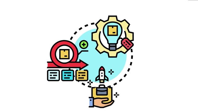 Business hand launching startup product with rocket icon from iterative agile process cycle and gear representing dynamic development