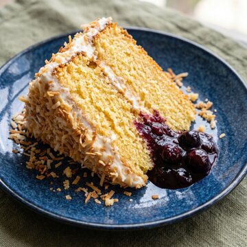 A slice of delicious coconut layer cake with a side of blueberry compote on a blue plate
