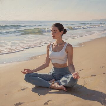 Woman meditating peacefully on beach during sunrise yoga session calm ocean waves sand tranquility mindfulness exercise