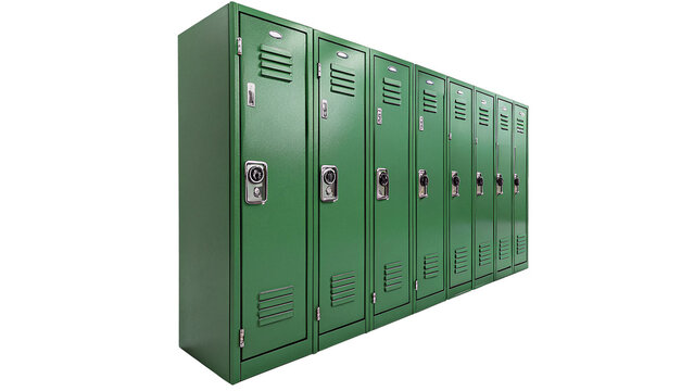 Row of green metallic school locker cabinets isolated on transparent background cut out