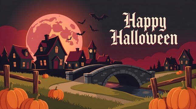 Halloween village scene with a full moon and stone bridge vector illustration