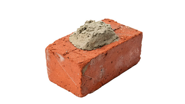 Red clay brick with fresh grey cement isolated on transparent background cut out