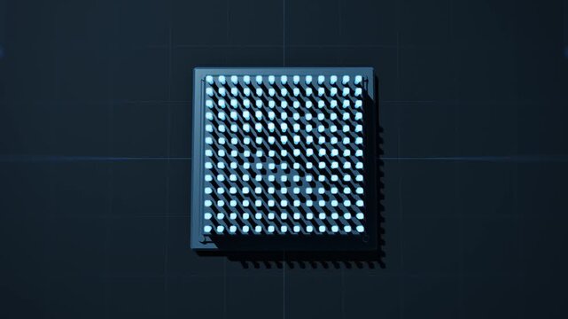 Top view of glowing processor chip pin array on dark grid
