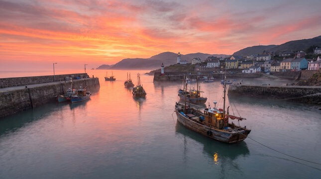 Fishing boats returning to harbor at sunset in a coastal village