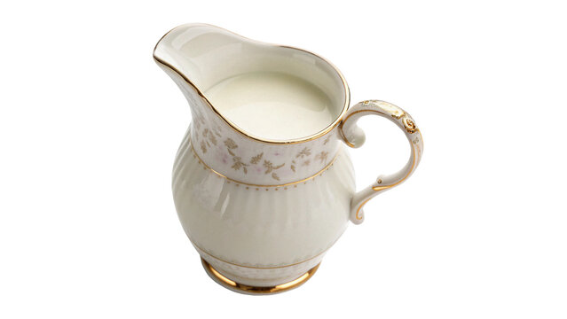 Classic white ceramic jug filled with milk isolated on transparent background cut out