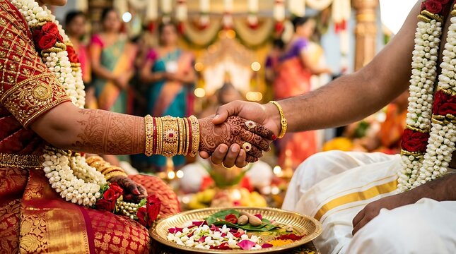 Close up of indian bride and groom holding hands during traditional hindu wedding ceremony ritual