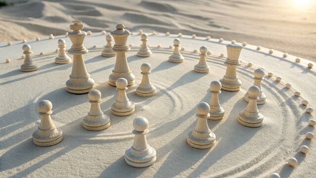 Elegant Pearl Finish Chess Pieces on a Sand Board