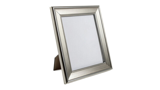 Empty silver metallic vertical photo frame stand isolated on transparent background cut out