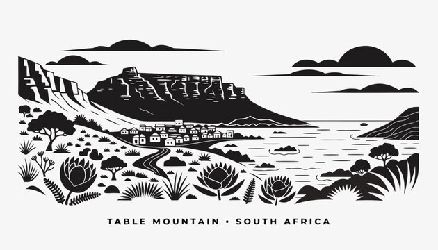 Very beautiful black and white realistic vector of Table Mountain surrounded by protea flowers, lush vegetation, blue ocean, rocky cliffs and Cape Town scenery, TABLE MOUNTAIN &bull; SOUTH AFRICA, clean li