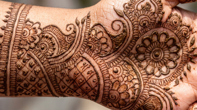Intricate henna tattoo design on female hand, traditional mehndi art pattern for wedding.