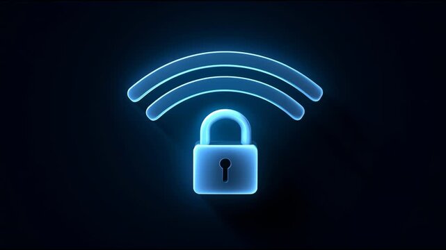 An animated display shows a blue wifi symbol with a padlock. The frames show the symbol becoming brighter and more focused.