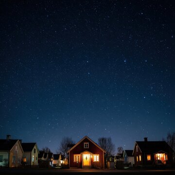 A charming wooden house with glowing warm lights shines under a vast starry night sky in a quiet village. Perfect for cozy rural lifestyle.